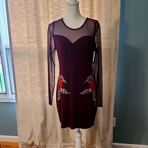 Elegant Sheer Sleeve Dress with Floral Embroidery
